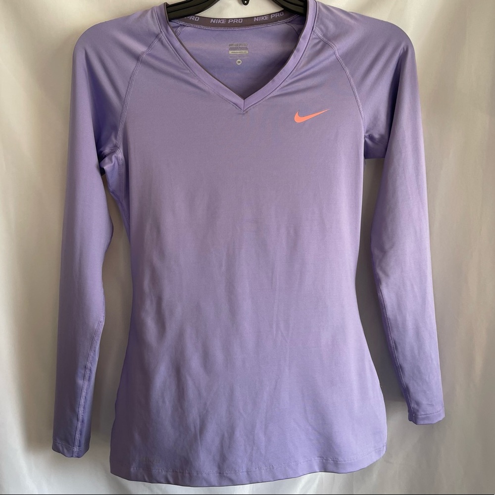 Nike Pro Womens Dri-Fit V Neck Long Sleeve Tee Medium Lavender Orange